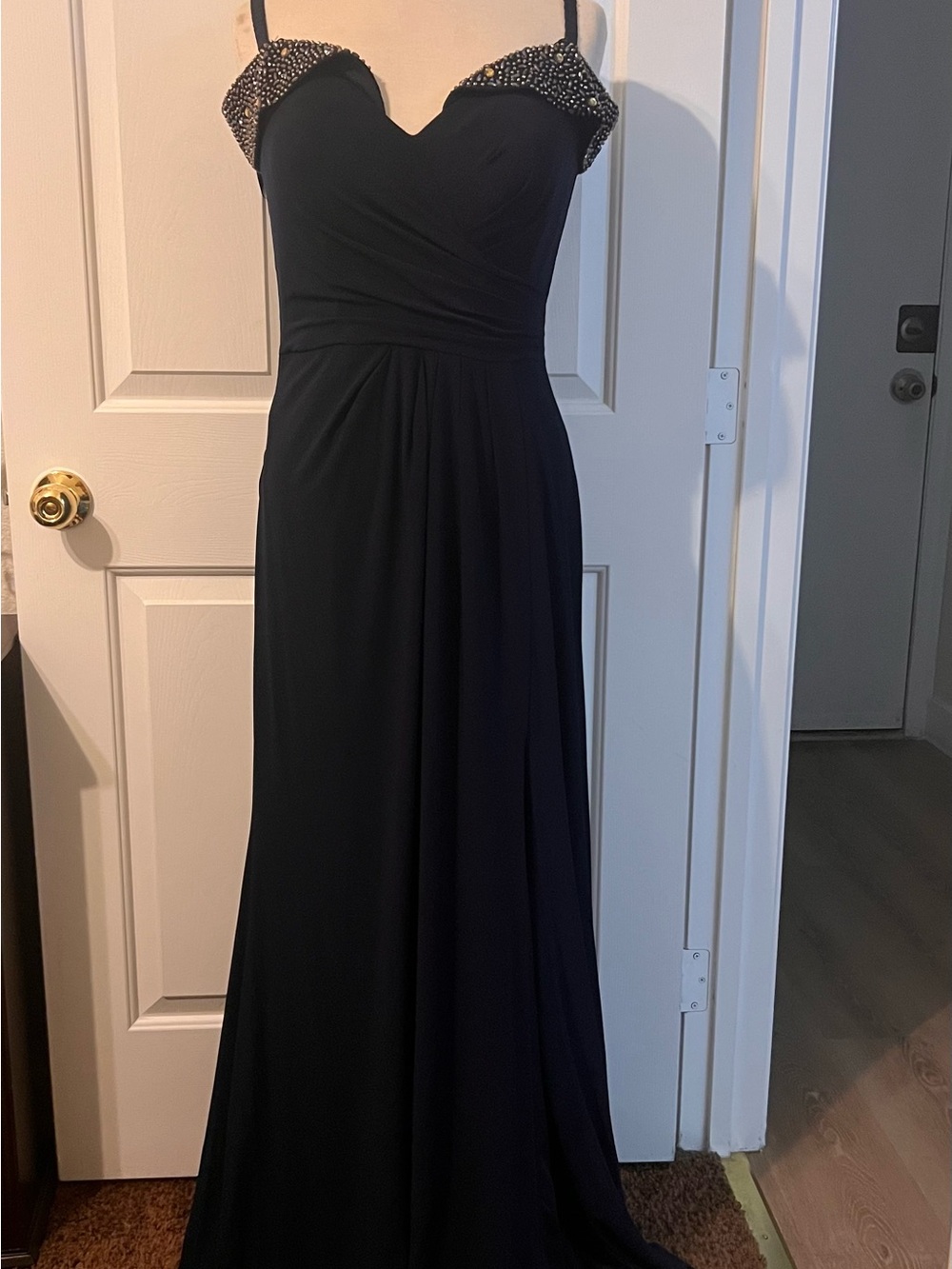 Xscape Black Maxi Evening Gown with Beaded Accents